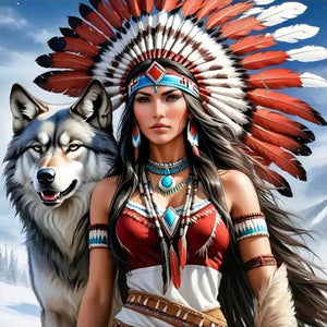 Indian Woman And Wolf 40*40CM (canvas) Full Round Drill Diamond Painting