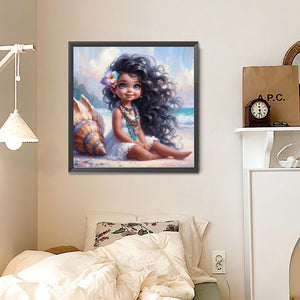 Curly-Haired Girl By The Sea With Shells 30*30CM (canvas) Full Round Drill Diamond Painting