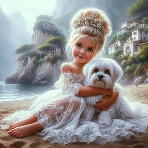 Girl In Gauze Skirt And Dog 30*30CM (canvas) Full Round Drill Diamond Painting