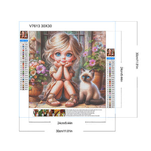 Door Girl And Kitten Girl 30*30CM (canvas) Full Round Drill Diamond Painting