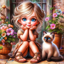 Load image into Gallery viewer, Door Girl And Kitten Girl 30*30CM (canvas) Full Round Drill Diamond Painting
