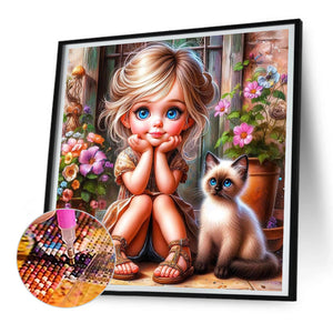 Door Girl And Kitten Girl 30*30CM (canvas) Full Round Drill Diamond Painting