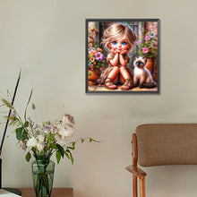 Load image into Gallery viewer, Door Girl And Kitten Girl 30*30CM (canvas) Full Round Drill Diamond Painting
