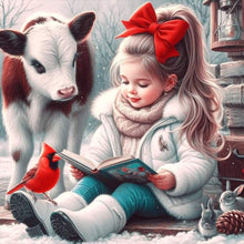 Load image into Gallery viewer, Cow Red Cardinal Reading Girl 30*30CM (canvas) Full Round Drill Diamond Painting
