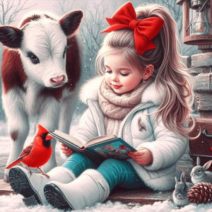 Cow Red Cardinal Reading Girl 30*30CM (canvas) Full Round Drill Diamond Painting