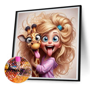 Funny Giraffe And Girl 30*30CM (canvas) Full Round Drill Diamond Painting