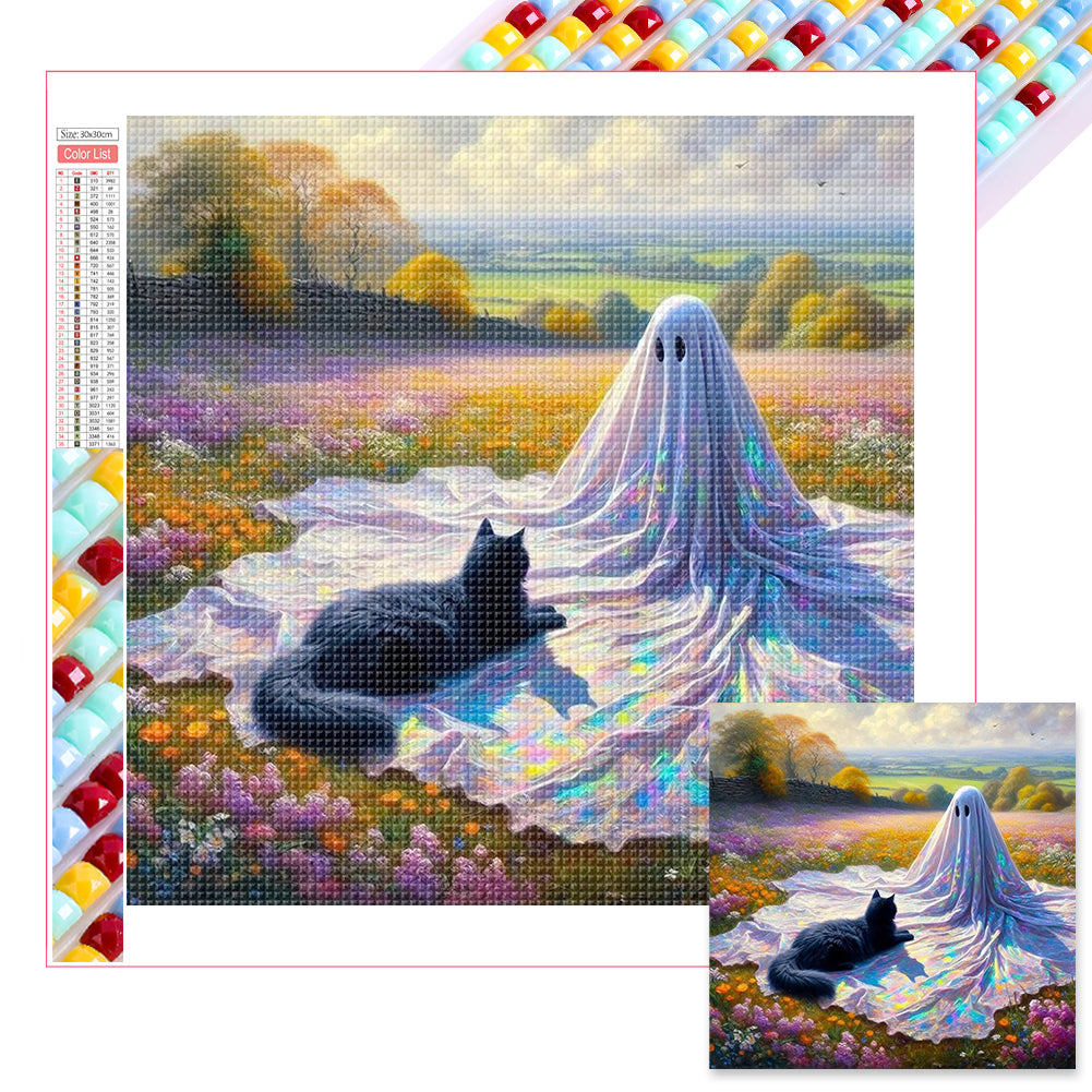 Flowers Black Cat Little Ghost 30*30CM (canvas) Full Square Drill Diamond Painting