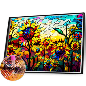 Stained Glass Sunflower Field 60*40CM (canvas) Full Round Drill Diamond Painting