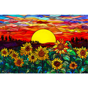 Stained Glass Sunset And Sunflower Field 60*40CM (canvas) Full Round Drill Diamond Painting