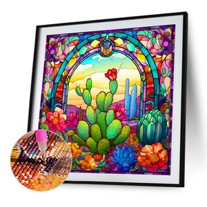 Stained Glass Cactus 40*40CM (canvas) Full Round Drill Diamond Painting