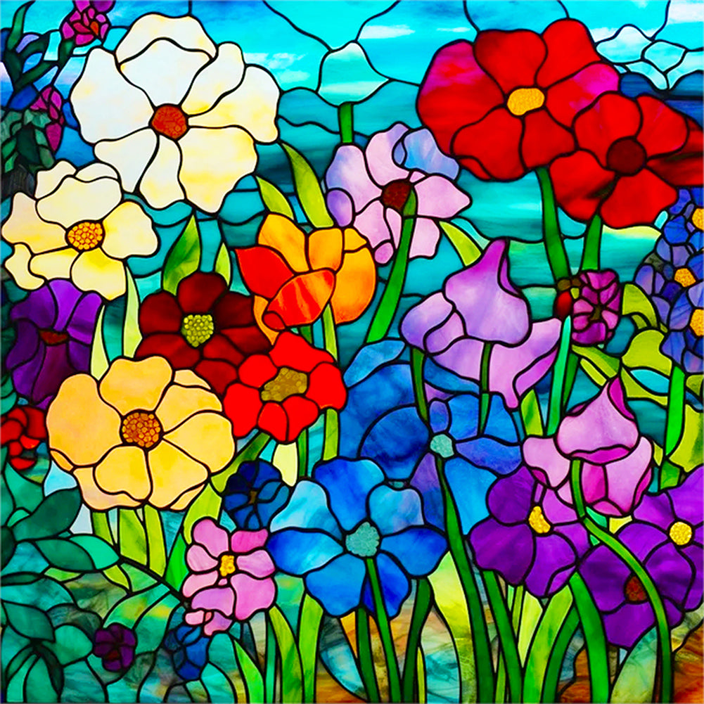 Stained Glass Small Flower Bush 40*40CM (canvas) Full Round Drill Diamond Painting