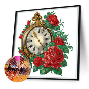 Flowers And Clock 30*30CM (canvas) Partial Special-Shaped Drill Diamond Painting