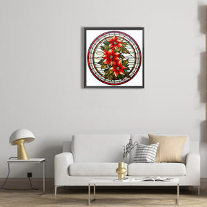 Stained Glass Christmas Red Flower 30*30CM (canvas) Full Round Drill Diamond Painting