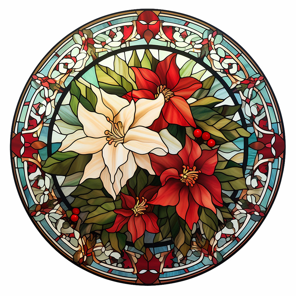 Stained Glass Christmas Red Flower 30*30CM (canvas) Full Round Drill Diamond Painting