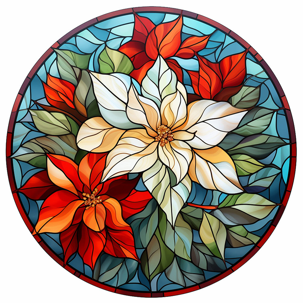 Stained Glass Christmas Red Flower 30*30CM (canvas) Full Round Drill Diamond Painting