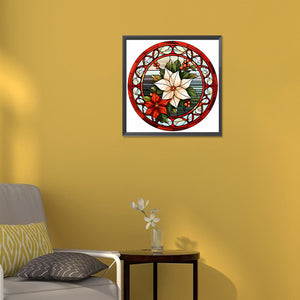 Stained Glass Christmas Red Flower 30*30CM (canvas) Full Round Drill Diamond Painting