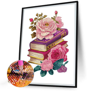 Flowers And Three Books 30*40CM (canvas) Partial Special-Shaped Drill Diamond Painting