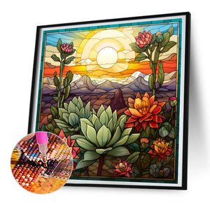 Stained Glass Cactus Flower 30*30CM (canvas) Full Round Drill Diamond Painting