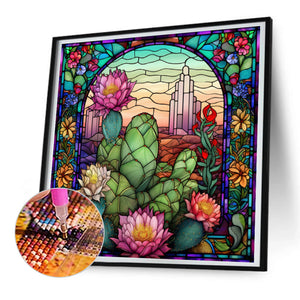 Stained Glass Cactus Flower 30*30CM (canvas) Full Round Drill Diamond Painting