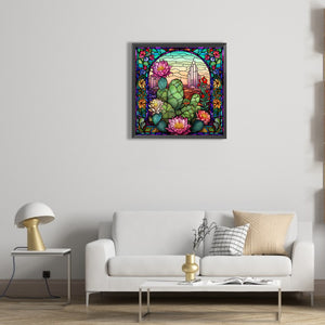 Stained Glass Cactus Flower 30*30CM (canvas) Full Round Drill Diamond Painting