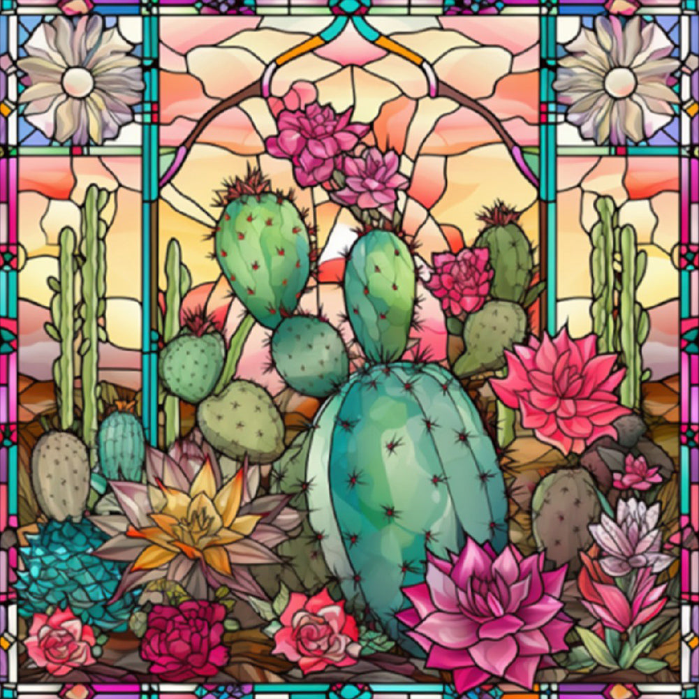 Stained Glass Cactus Flower 30*30CM (canvas) Full Round Drill Diamond Painting