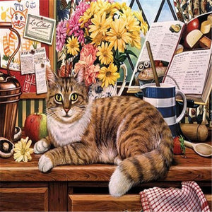 Cat On Table 40*30CM (canvas) Full Square Drill Diamond Painting