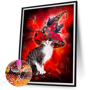 Halloween Witch Hat Cat 30*40CM (canvas) Full Round Drill Diamond Painting