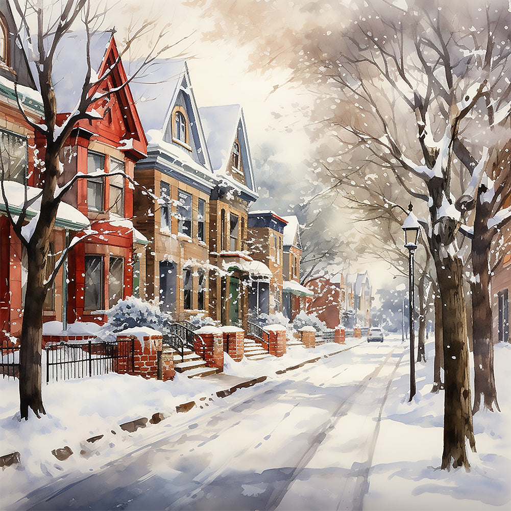 Winter Snow Street 40*40CM (canvas) Full Round Drill Diamond Painting