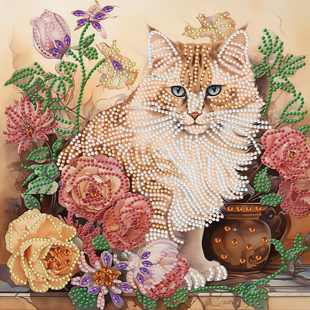 Flowers And Cats 30*30CM (canvas) Partial Special-Shaped Drill Diamond Painting