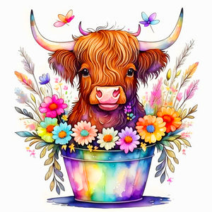 Flower Bucket And Cow 40*40CM (canvas) Full Round Drill Diamond Painting