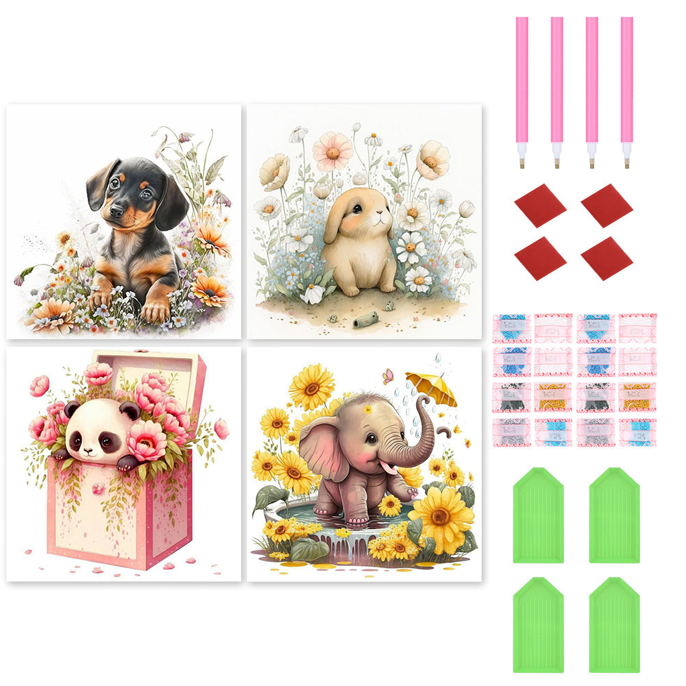 Dog Rabbit Panda Elephant With Flowers 30*30CM (canvas) Full Round Drill Diamond Painting