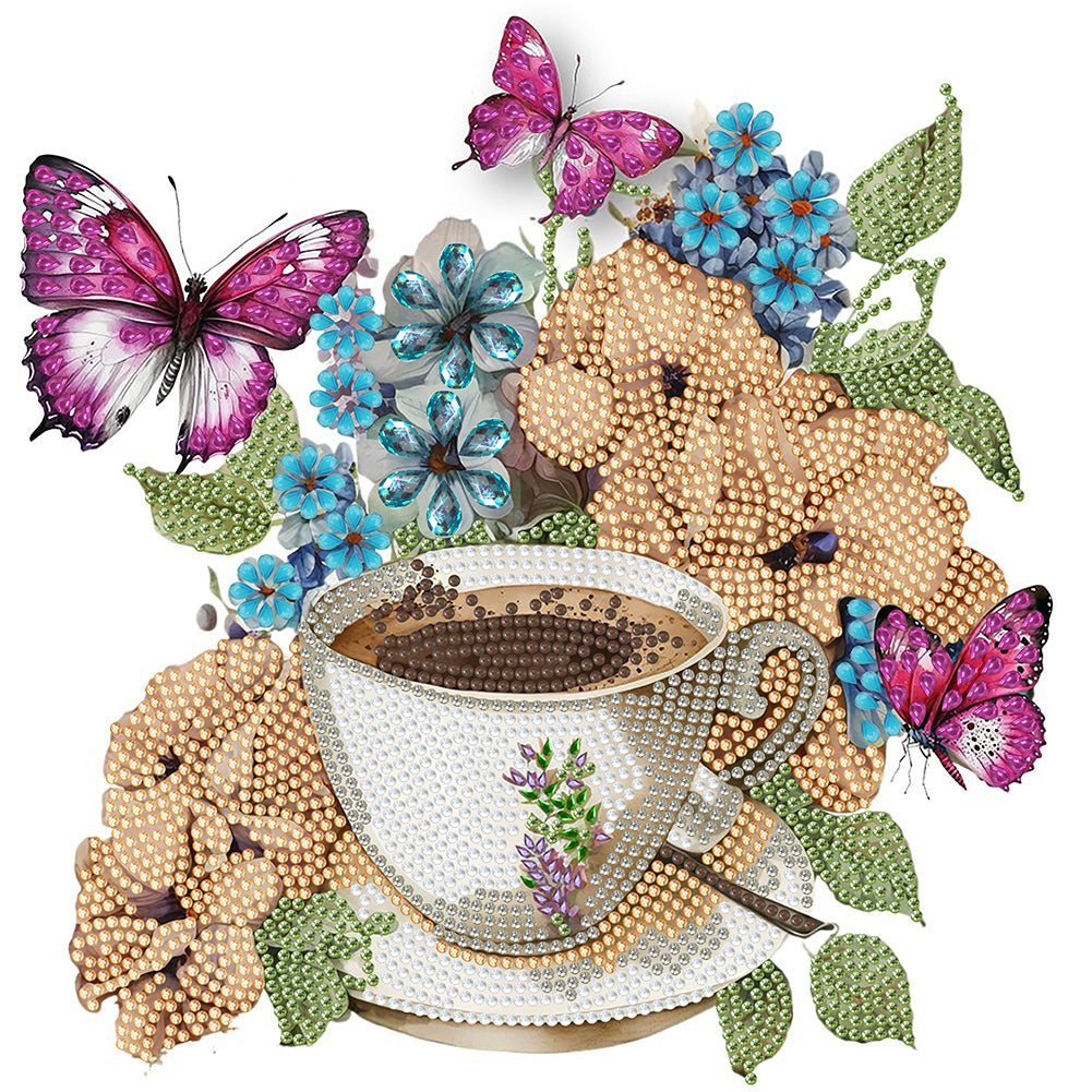 Coffee And Flower Butterfly 30*30CM (canvas) Partial Special-Shaped Drill Diamond Painting