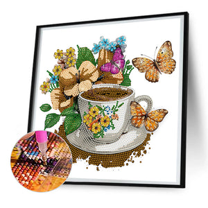 Coffee And Flower Butterfly 30*30CM (canvas) Partial Special-Shaped Drill Diamond Painting