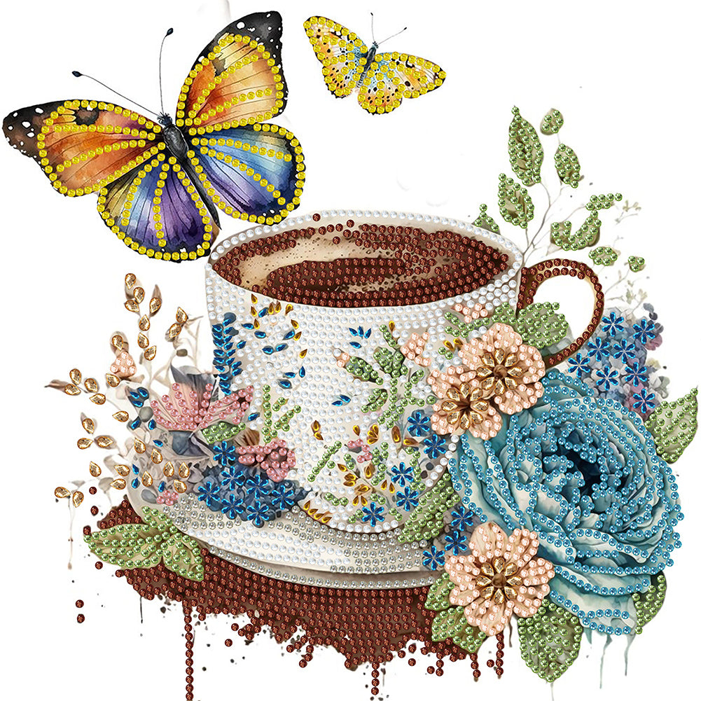 Coffee And Flower Butterfly 30*30CM (canvas) Partial Special-Shaped Drill Diamond Painting