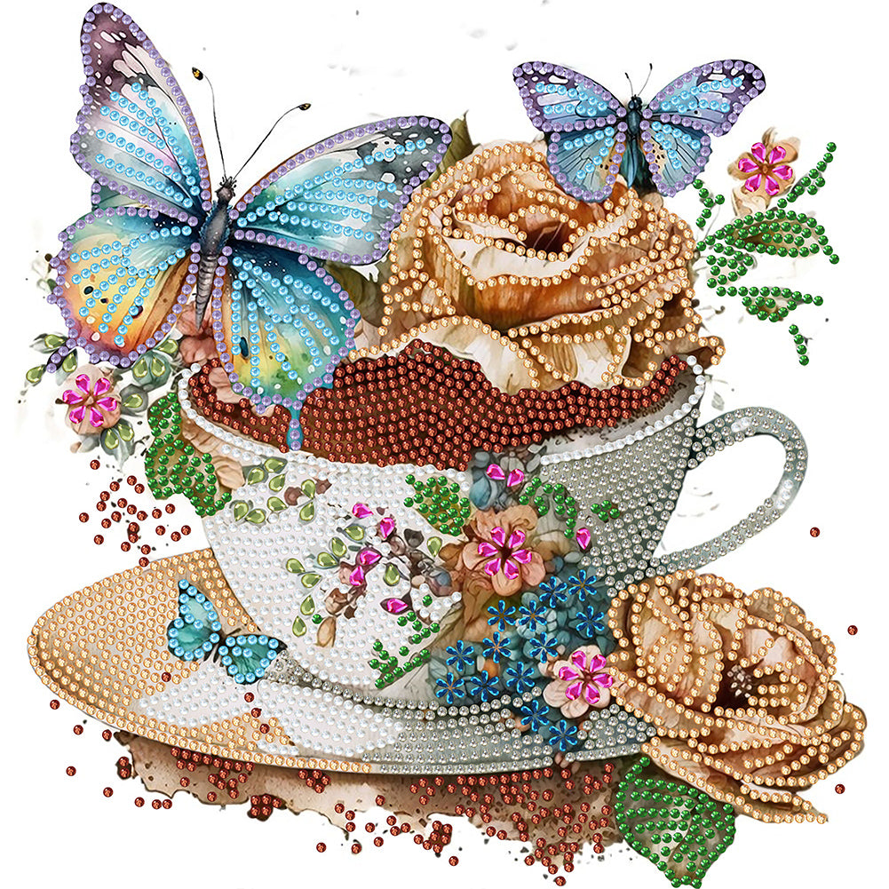 Coffee And Flower Butterfly 30*30CM (canvas) Partial Special-Shaped Drill Diamond Painting