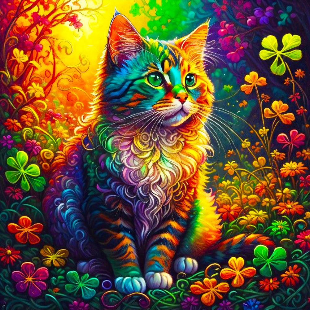 Colorful Cat Sitting Among Four-Leaf Clovers 40*40CM (canvas) Full Round Drill Diamond Painting