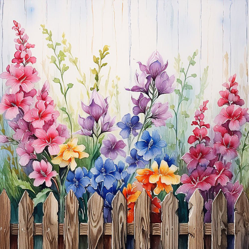 Flowers In Wooden Fence 40*40CM (canvas) Full Round Drill Diamond Painting