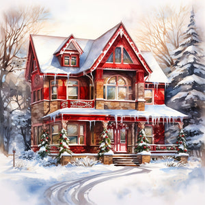 Christmas Red House In The Snow 40*40CM (canvas) Full Round Drill Diamond Painting