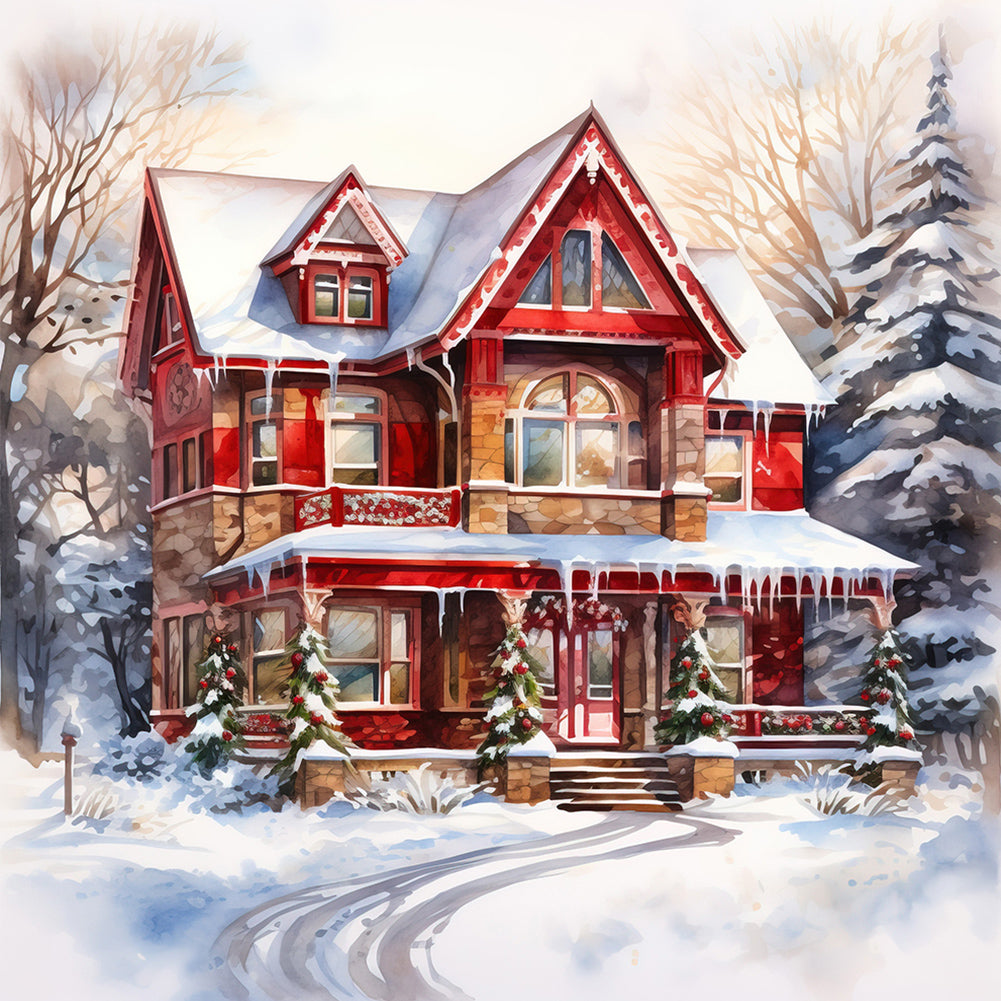 Christmas Red House In The Snow 40*40CM (canvas) Full Round Drill Diamond Painting