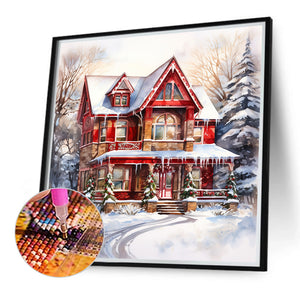 Christmas Red House In The Snow 40*40CM (canvas) Full Round Drill Diamond Painting