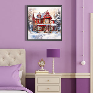 Christmas Red House In The Snow 40*40CM (canvas) Full Round Drill Diamond Painting