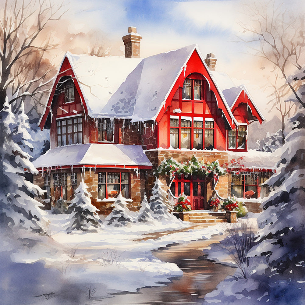 Christmas Red House In The Snow 40*40CM (canvas) Full Round Drill Diamond Painting