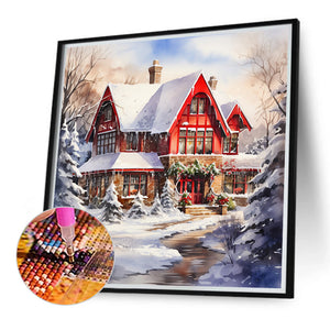 Christmas Red House In The Snow 40*40CM (canvas) Full Round Drill Diamond Painting