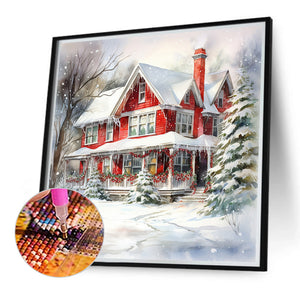 Christmas Red House In The Snow 40*40CM (canvas) Full Round Drill Diamond Painting