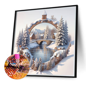 Snow Scene Outside The House 40*40CM (canvas) Full Round Drill Diamond Painting