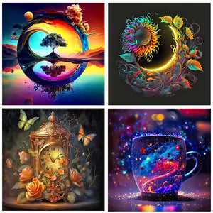 Lone Tree Moon Night Ancient Clock And Star Cup 30*30CM (canvas) Full Round Drill Diamond Painting