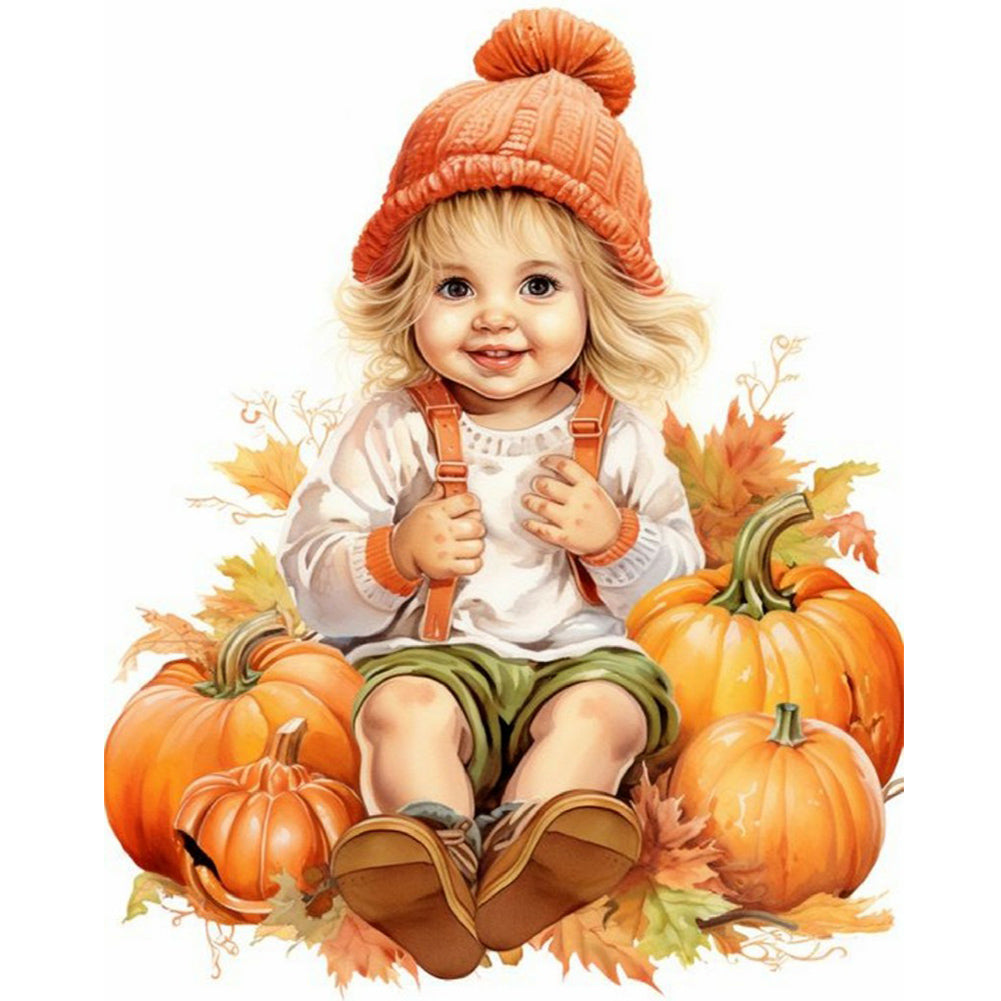 Doll In Pumpkin Pile 40*50CM (canvas) Full Round Drill Diamond Painting