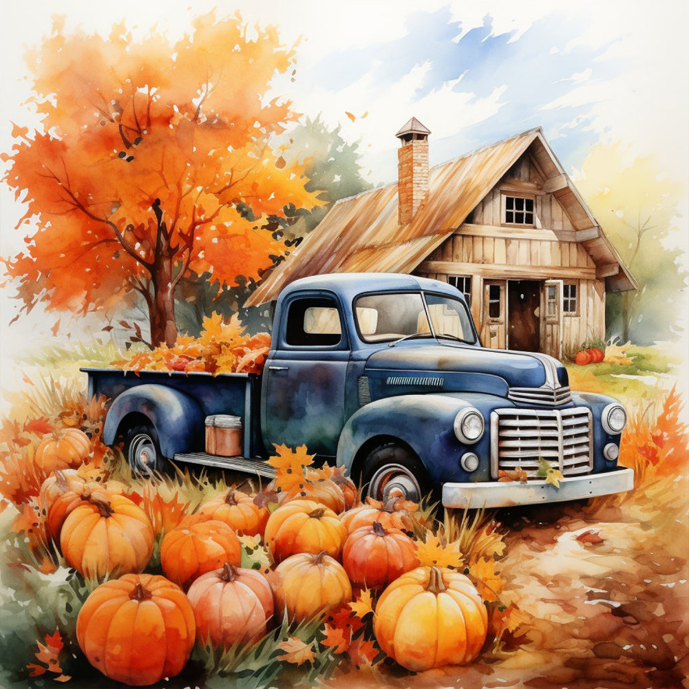 Autumn Pumpkin Vintage Car 40*40CM (canvas) Full Round Drill Diamond Painting