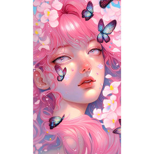 Pink Butterfly Girl 40*70CM (canvas) Full Round AB Drill Diamond Painting
