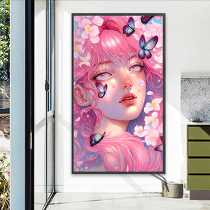 Pink Butterfly Girl 40*70CM (canvas) Full Round AB Drill Diamond Painting